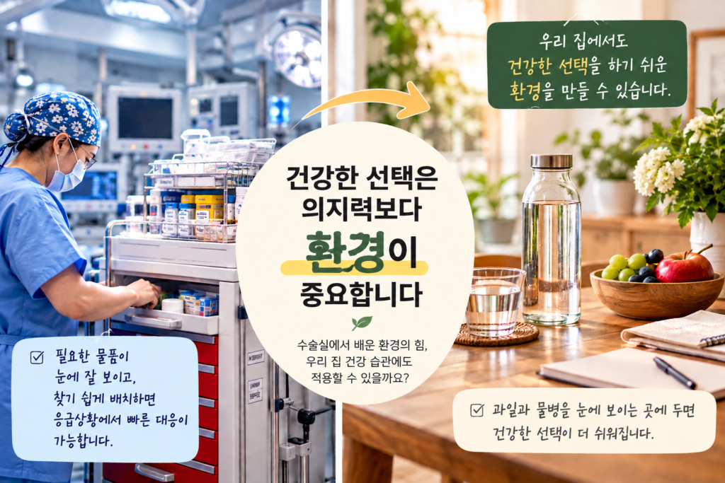 수술실 응급 카트와 과일 , 물병이 놓인 식탁-건강한 선택은 의지력 보다 환경이 중요하다는 주제를 보여주는 이미지.