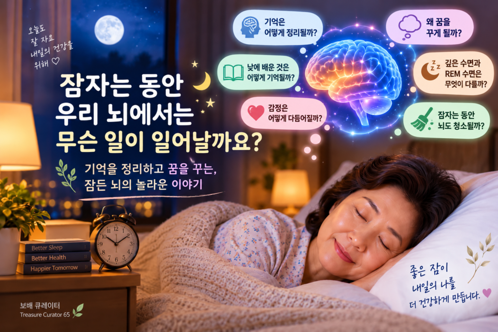 잠자는 동안 뇌에서 일어나는 기억 정리, 꿈, 깊은 수면과 REM 수면을 표현한 일러스트